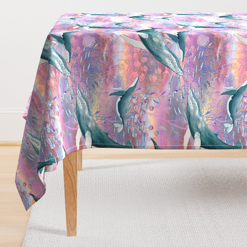 LARGE ELEGANT WHALES AQUATIC BALLET RAINBOW PINK OCEAN