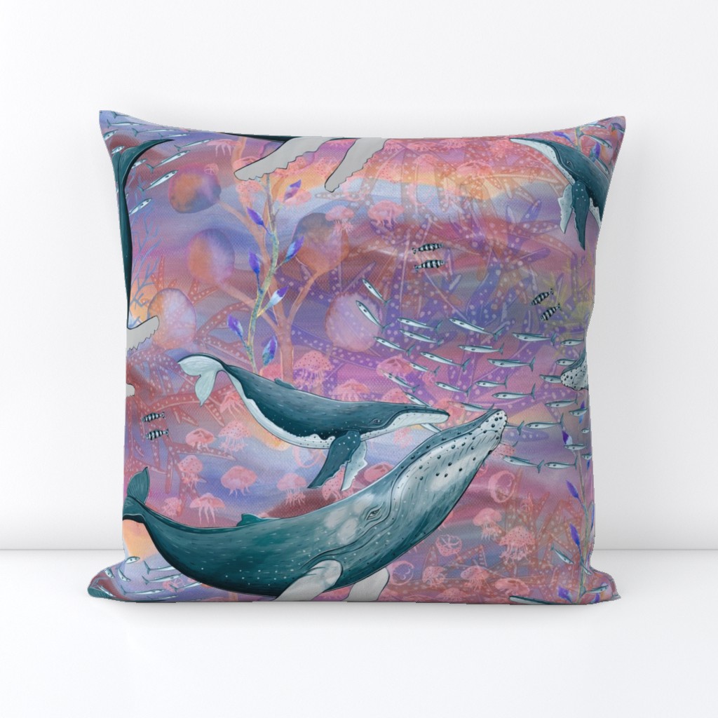 LARGE ELEGANT WHALES AQUATIC BALLET RAINBOW PINK OCEAN