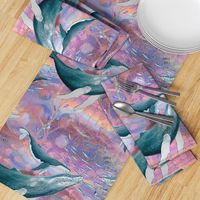 LARGE ELEGANT WHALES AQUATIC BALLET RAINBOW PINK OCEAN