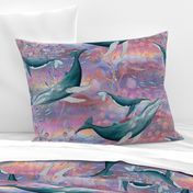 LARGE ELEGANT WHALES AQUATIC BALLET RAINBOW PINK OCEAN