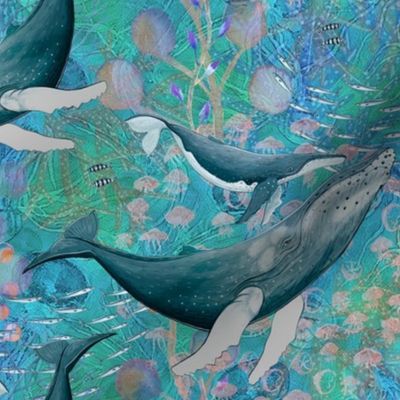 ELEGANT WHALES AQUATIC BALLET AQUA TURQUOISE OCEAN