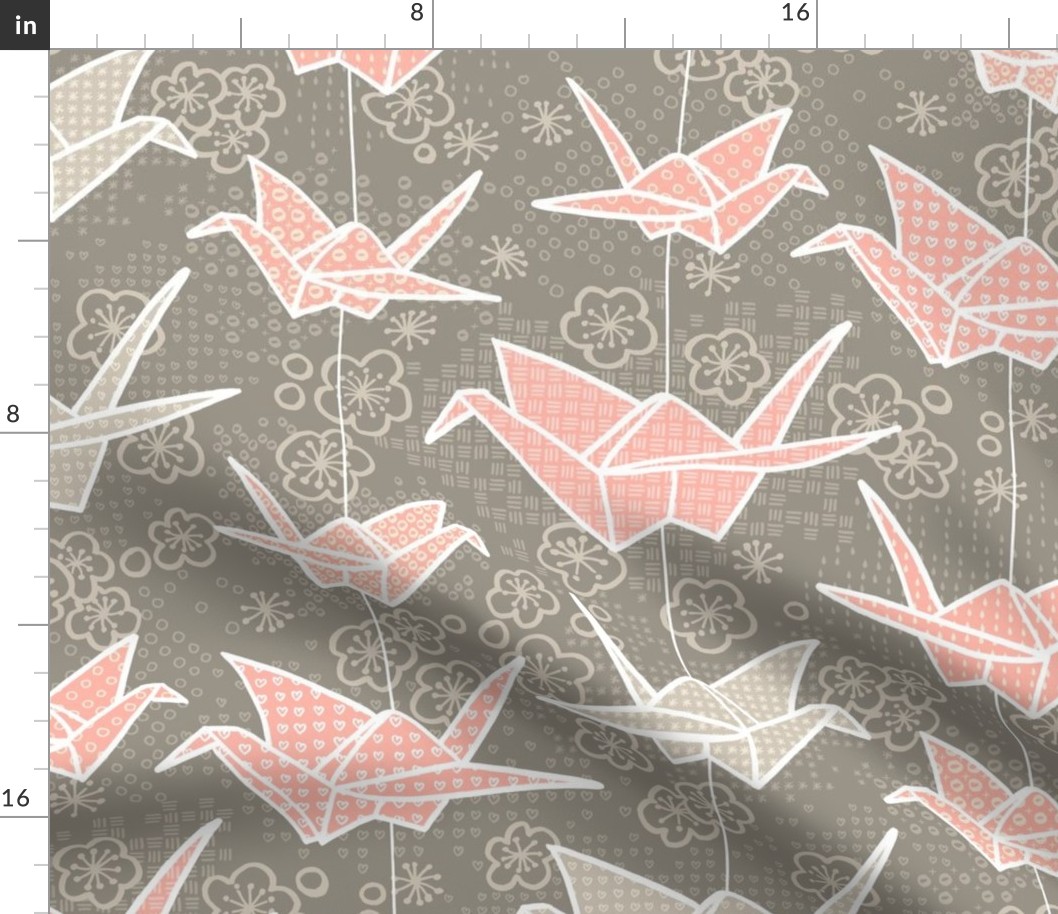 Large Tan and Blush Origami Cranes and Cherry Blossoms
