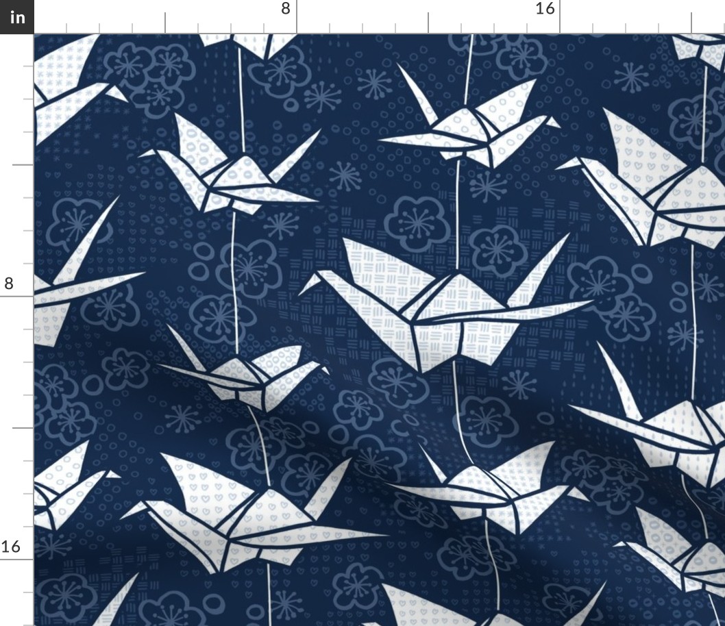 Large Blue Monochrome Origami Cranes