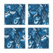 Night garden. Blue moths. Monochrome design.