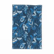 Night garden. Blue moths. Monochrome design.