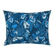 Night garden. Blue moths. Monochrome design.