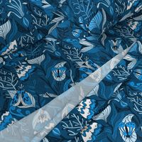 Night garden. Blue moths. Monochrome design.