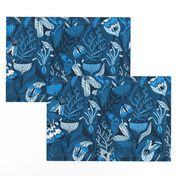 Night garden. Blue moths. Monochrome design.