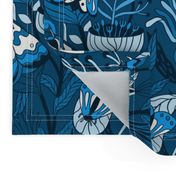 Night garden. Blue moths. Monochrome design.