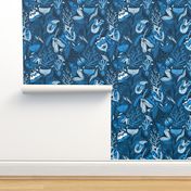 Night garden. Blue moths. Monochrome design.