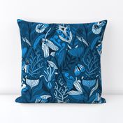 Night garden. Blue moths. Monochrome design.