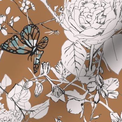 botanical drawing with butterflies brown