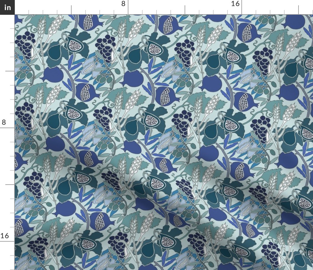Seven Species Botanical Print in Blue Greens - MINI Scale