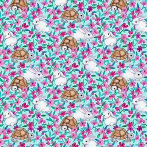 Tortoises, Baby Bunnies and Blossoms on Light Turquoise - tiny version