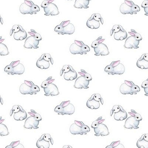 Little White Rabbits with Pink Ears in Watercolor - tiny version