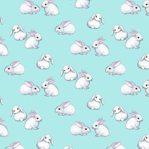 Little White Rabbits in Watercolor on Light Turquoise - tiny version