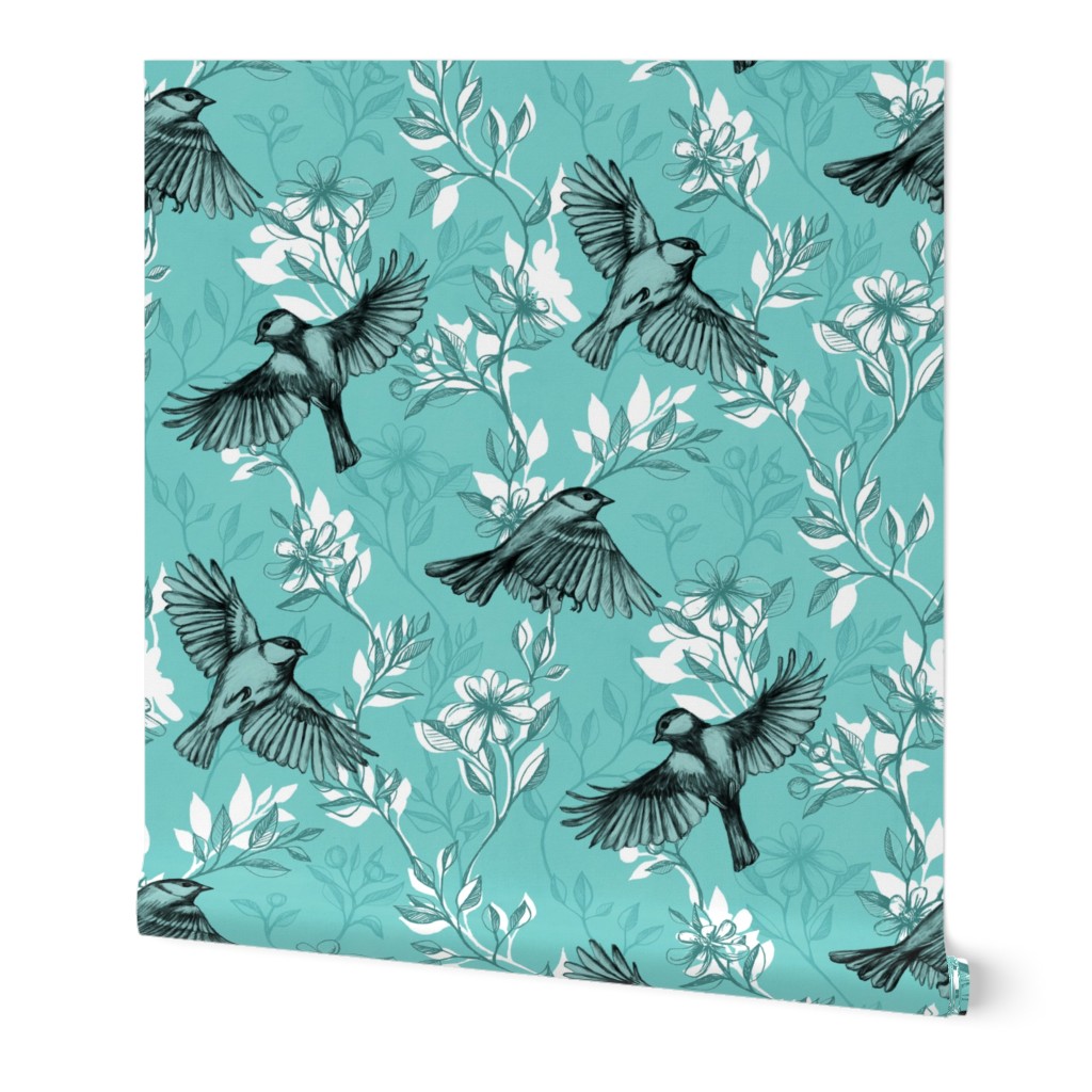 Flowers and Flight in Monochrome Teal