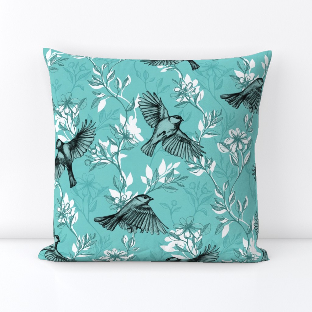 Flowers and Flight in Monochrome Teal