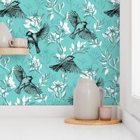 Flowers and Flight in Monochrome Teal