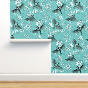 Flowers and Flight in Monochrome Teal