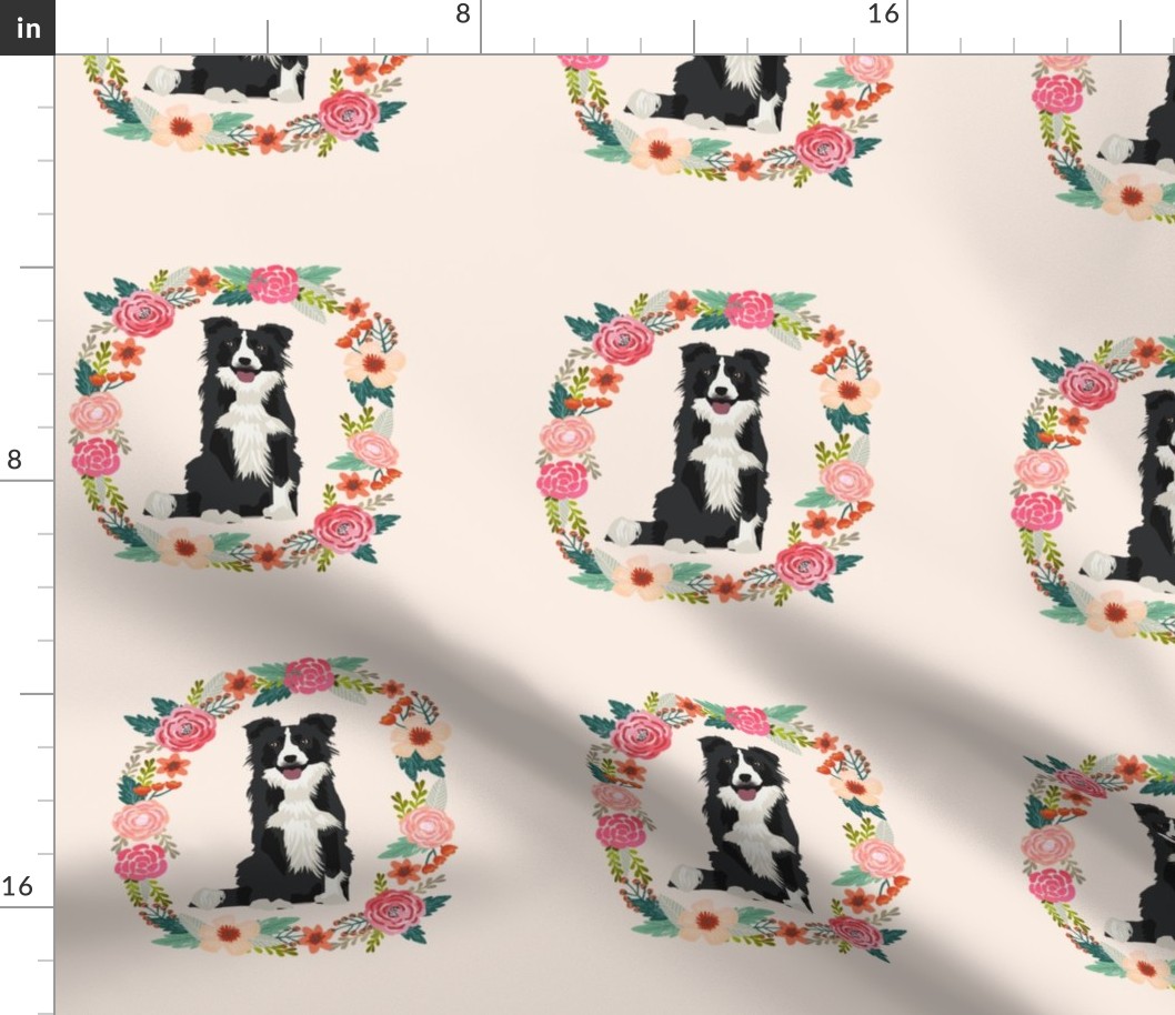 8 inch border collie black and white  wreath florals dog fabric