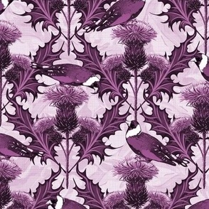 Vibrant Purple Thistle Lavender Floral Garden Wildflowers Finches | Light Violet Victorian Flora Purple Cottagecore | Purple Monochrome Purple Birds Thistles 