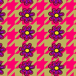 Modern Retro Floral Stripe, Houndstooth Classic Pattern, 1970s Vintage Fashion Flower,Large Scale Hippy Flowers, Shocking Pink Geometric Print, Colorful Fun Flower Drawing