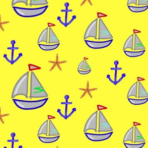 Boat, anchor and starfish on yellow background - Bateau ancre & étoiles de mer sur fond jaune (1)