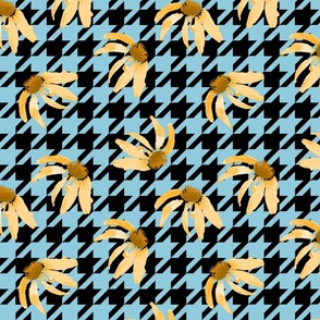 Yellow Floral Daisy Botanical Blooms, Classic Houndstooth Check, High Fashion Flower Fabric, Black Blue | Large Scale Maximalism Florals