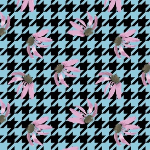 Pink Floral Daisy Blooms, Modern Houndstooth Check, High Fashion Flower Fabric, Black Blue | Large Scale Maximalism Florals