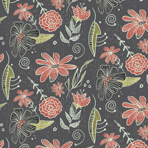 Grey Woodcut Floral 