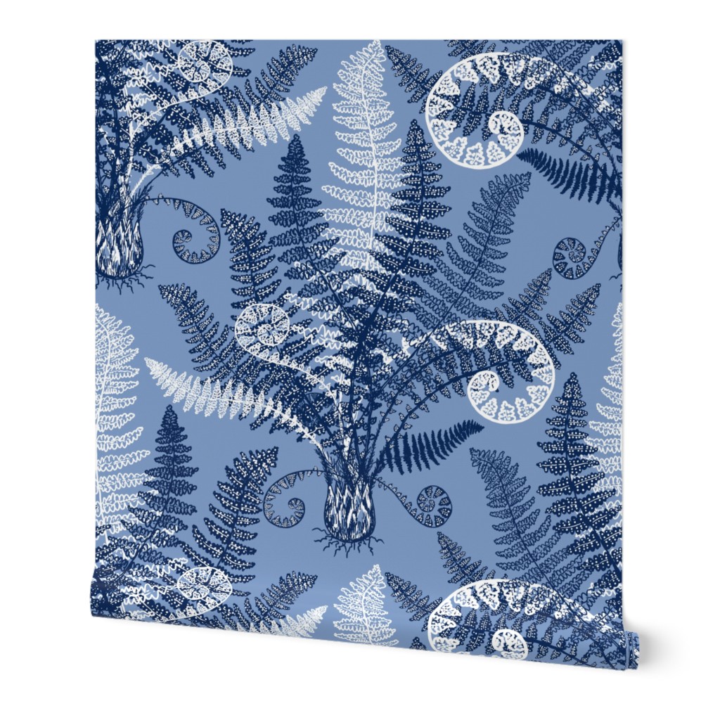 White-Navy Ferns (serenity blue)