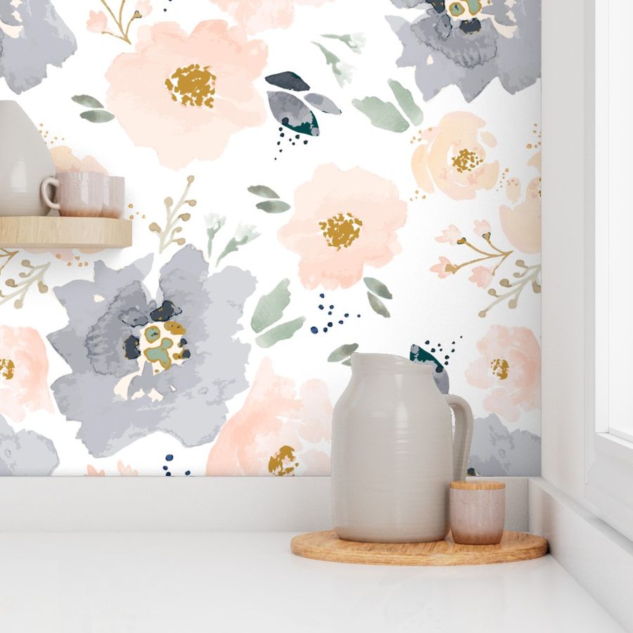 IBD-Peachy-Blossoms-Navy C Wallpaper | Spoonflower