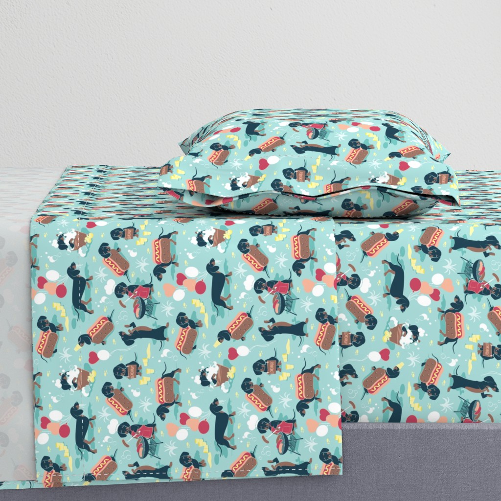 Small scale // Hot dogs and lemonade // aqua background Dachshund sausage dogs