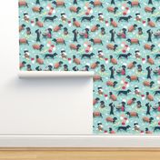 Small scale // Hot dogs and lemonade // aqua background Dachshund sausage dogs