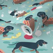 Small scale // Hot dogs and lemonade // aqua background Dachshund sausage dogs