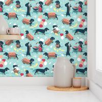 Small scale // Hot dogs and lemonade // aqua background Dachshund sausage dogs