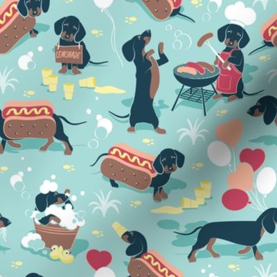 Small scale // Hot dogs and lemonade // aqua background Dachshund sausage dogs