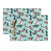 Small scale // Hot dogs and lemonade // aqua background Dachshund sausage dogs