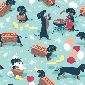 Small scale // Hot dogs and lemonade // aqua background Dachshund sausage dogs