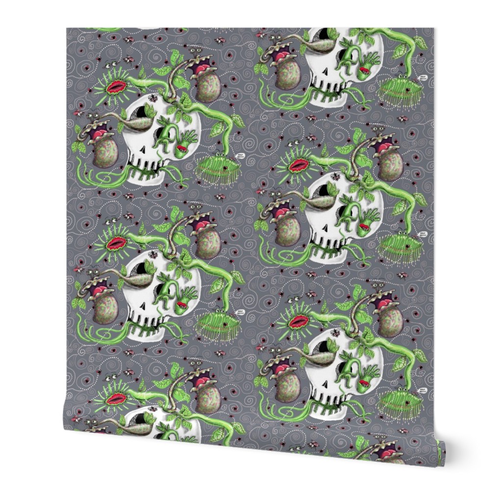 skull pot with carnivorous plants, large scale, gray grey green