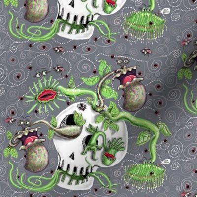 skull pot with carnivorous plants, large scale, gray grey green