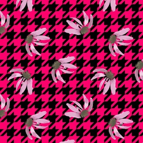 Pink Floral Daisy Blooms, Modern Houndstooth Check, High Fashion Pink Black Yellow | Large Scale Bold Florals