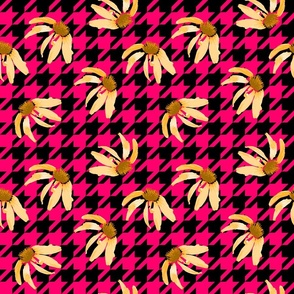 Maximalist Botanical Floral Daisy, Houndstooth Check Fashion Blooms, High Fashion Hot Pink Black Yellow, Large Scale Bold Florals, Vivid Hippy Flower Pattern, Neon Pink Yellow Brights, Modern Black Pink Plaid Fashion Colors, Stylish Trendy Retro Floral Pr