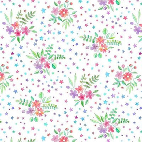 Tiny Watercolor Floral with Stars on White