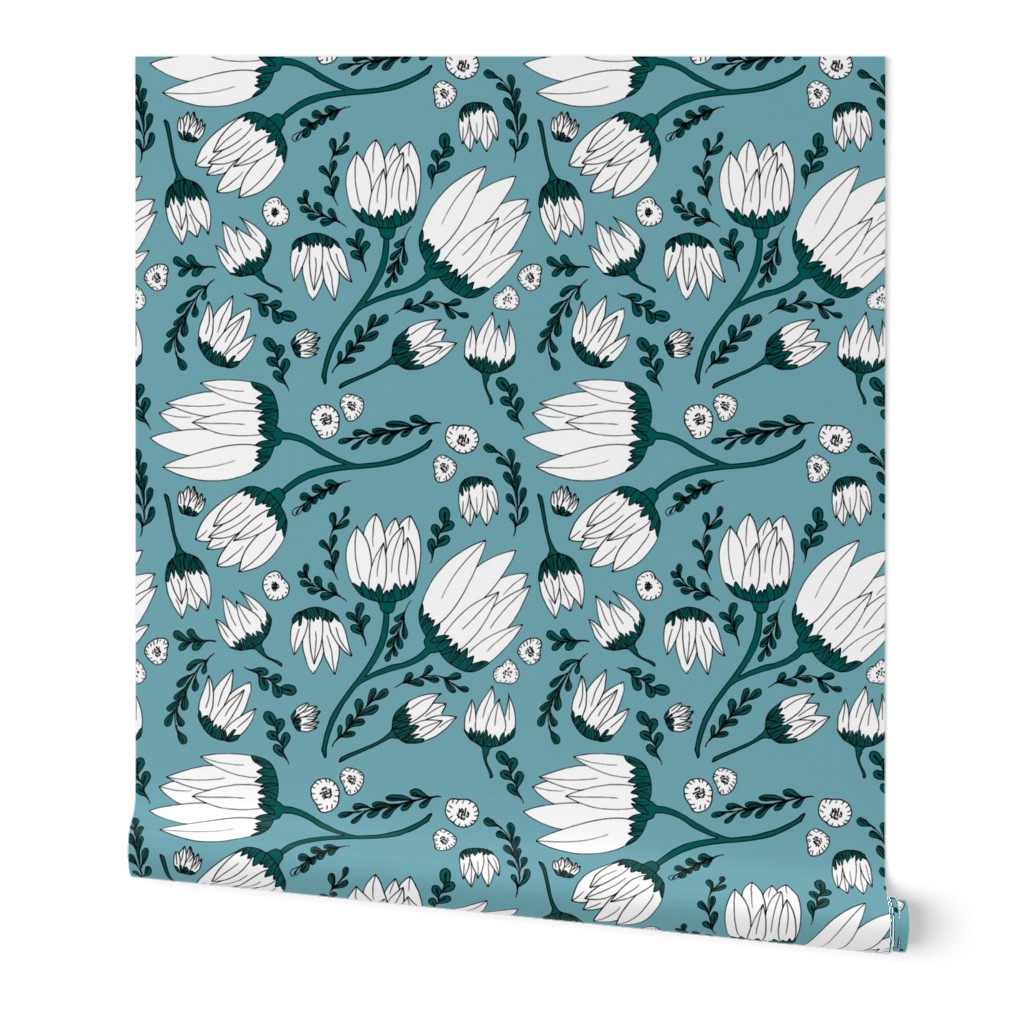 Raw botanical garden illustration lush flowers and leaves in blue teal XXL