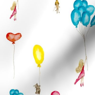 Watercolor girl, cat and dog with balloons / nursery fairy tale design