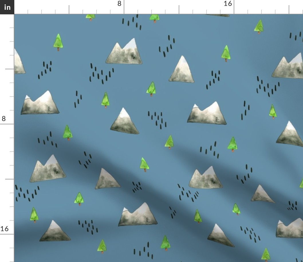 watercolour mountains and trees on blue (medium)
