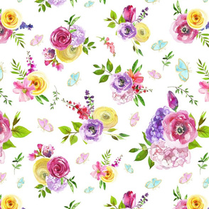 SWEET APRIL FLORAL BUTTERFLIES WHITE BACKING