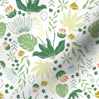 Dark Green Tropical Florals on White